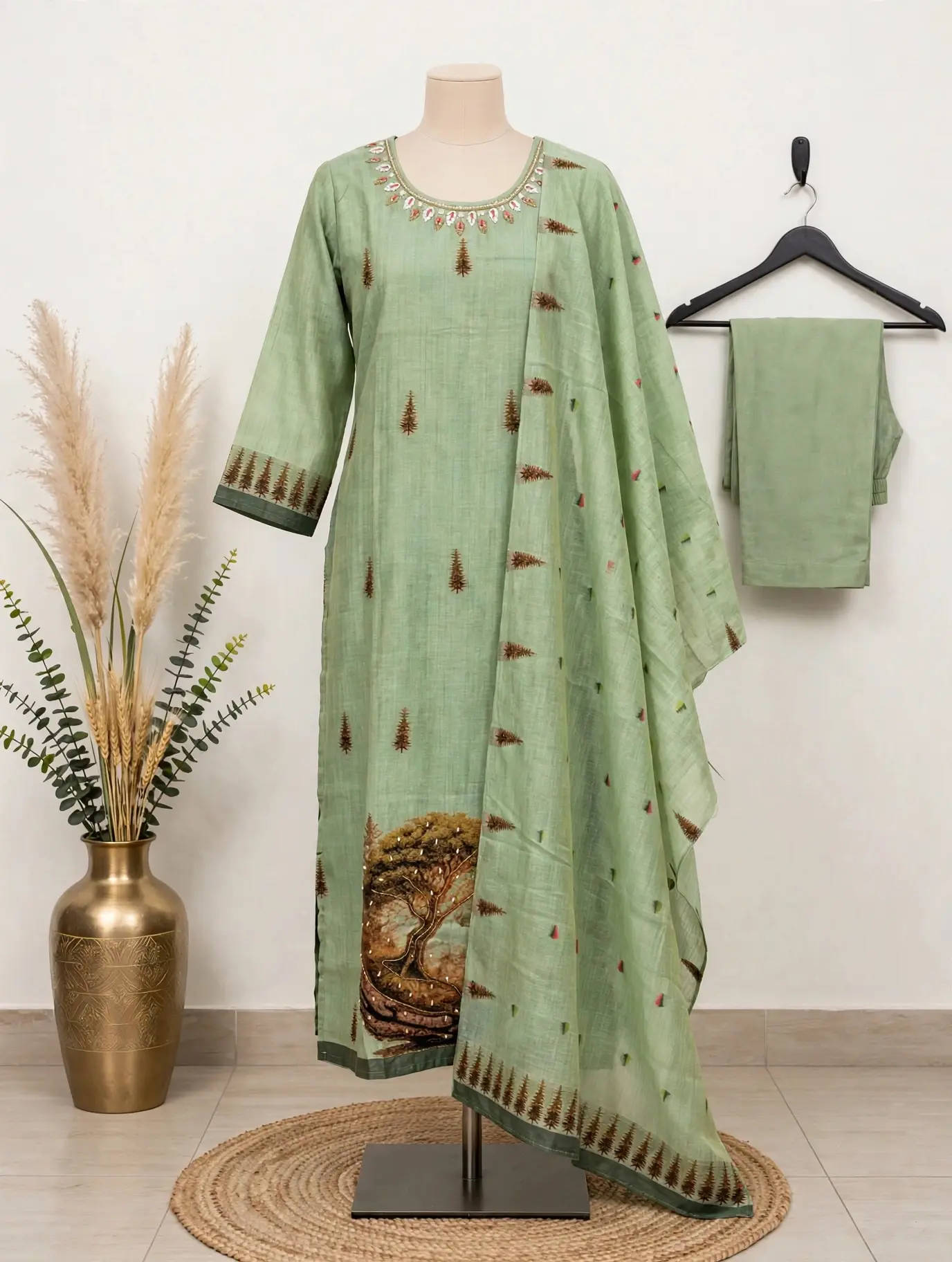 Sage Green Jamdani weaving Kurtha Set with Dupatta