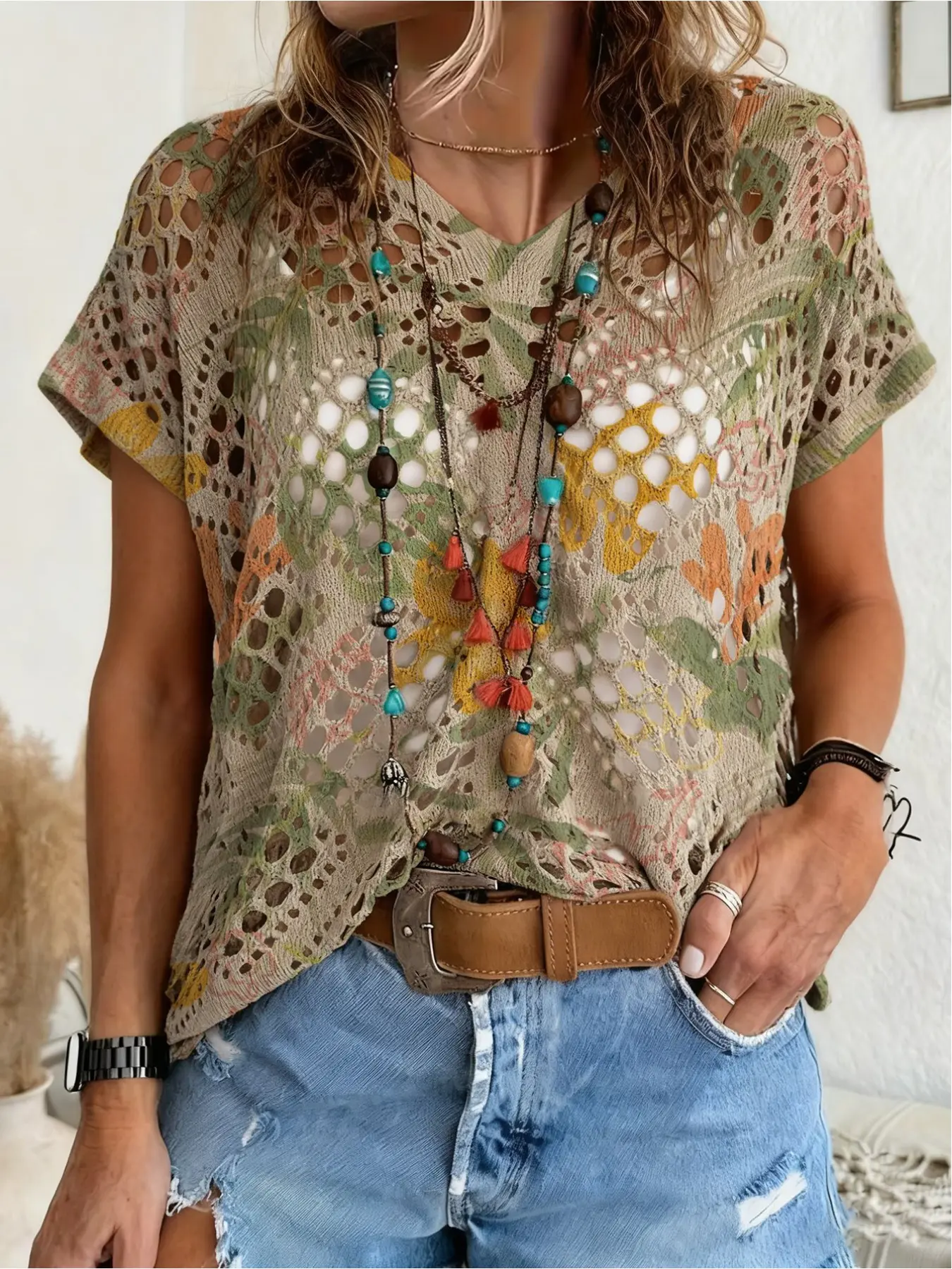 Spring/Summer style, V-neck diamond hollow-out loose batwing raglan short sleeve cover-up, contrast color floral print women's knitted top, vacation style, casual commute, bikini cover-up, Bikini coverup