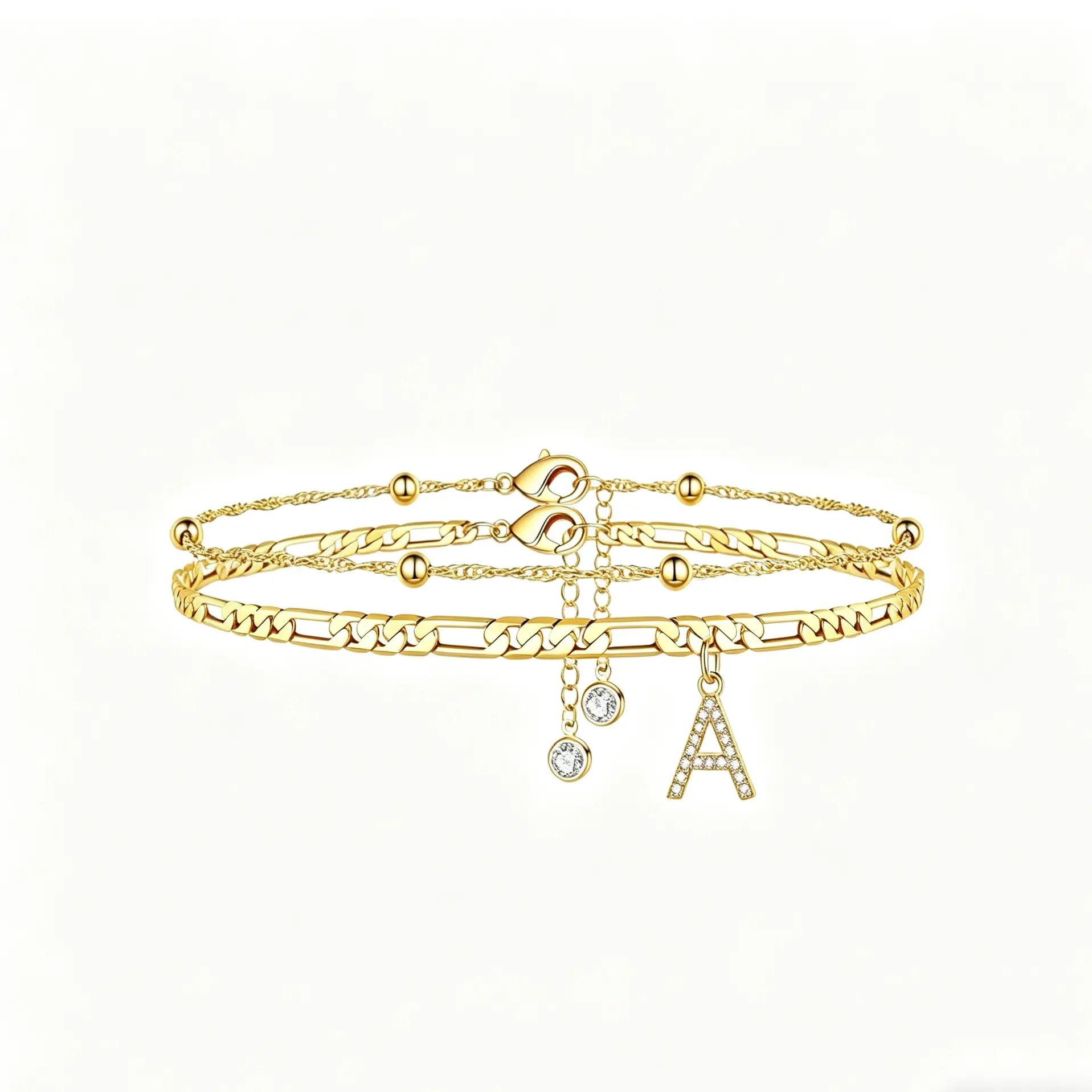 Zircon letter anklet with adjustable size, simple and fashionable, pearl Cuban double-layer anklet