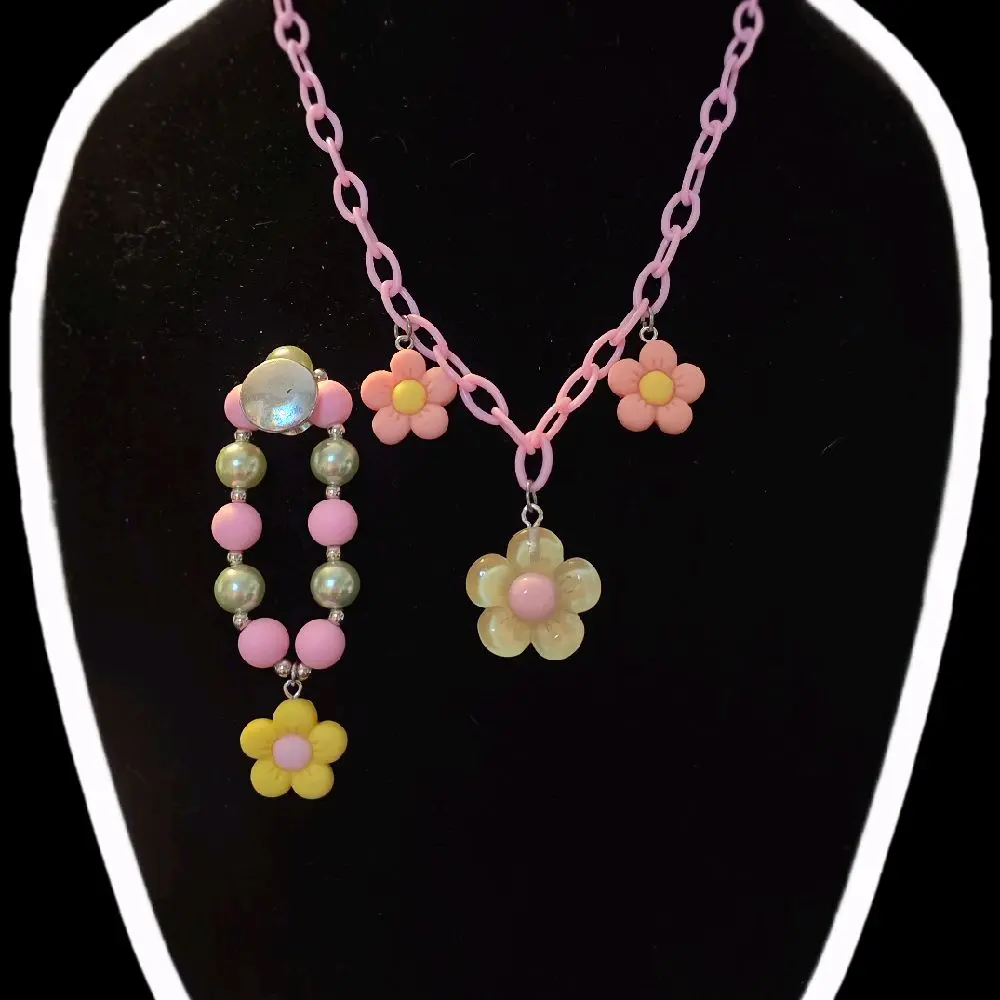 Yellow and Pink Daisy Kid's Necklace and Bracelet Set on Plastic Chain with Flower Charms and Beads