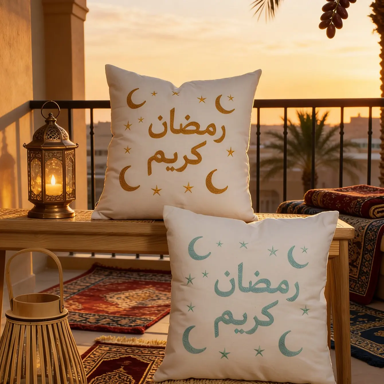 Arabic Text Ramadan Blessing Arabic Blessings Moon Pattern Embroidered Pillow Cover, Boho Style Bohemian Craftsmanship Sofa Decorative Cushion Case, 45x45cm, All Seasons Use