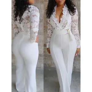 Women’s Autumn Sexy Deep V White Sheer Lace Patchwork Jumpsuit with Belt – Women’s Wear, Dressy
