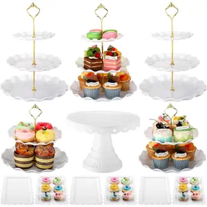 12 Pcs Dessert Cupcake Stand Holders - Cake Table Display Set, 5 Cupcake Tiered Stand 1 Cake Holder 6 Serving Tray Combo for Tea Birthday Baby Shower Wedding(Elegant,White,Gold)