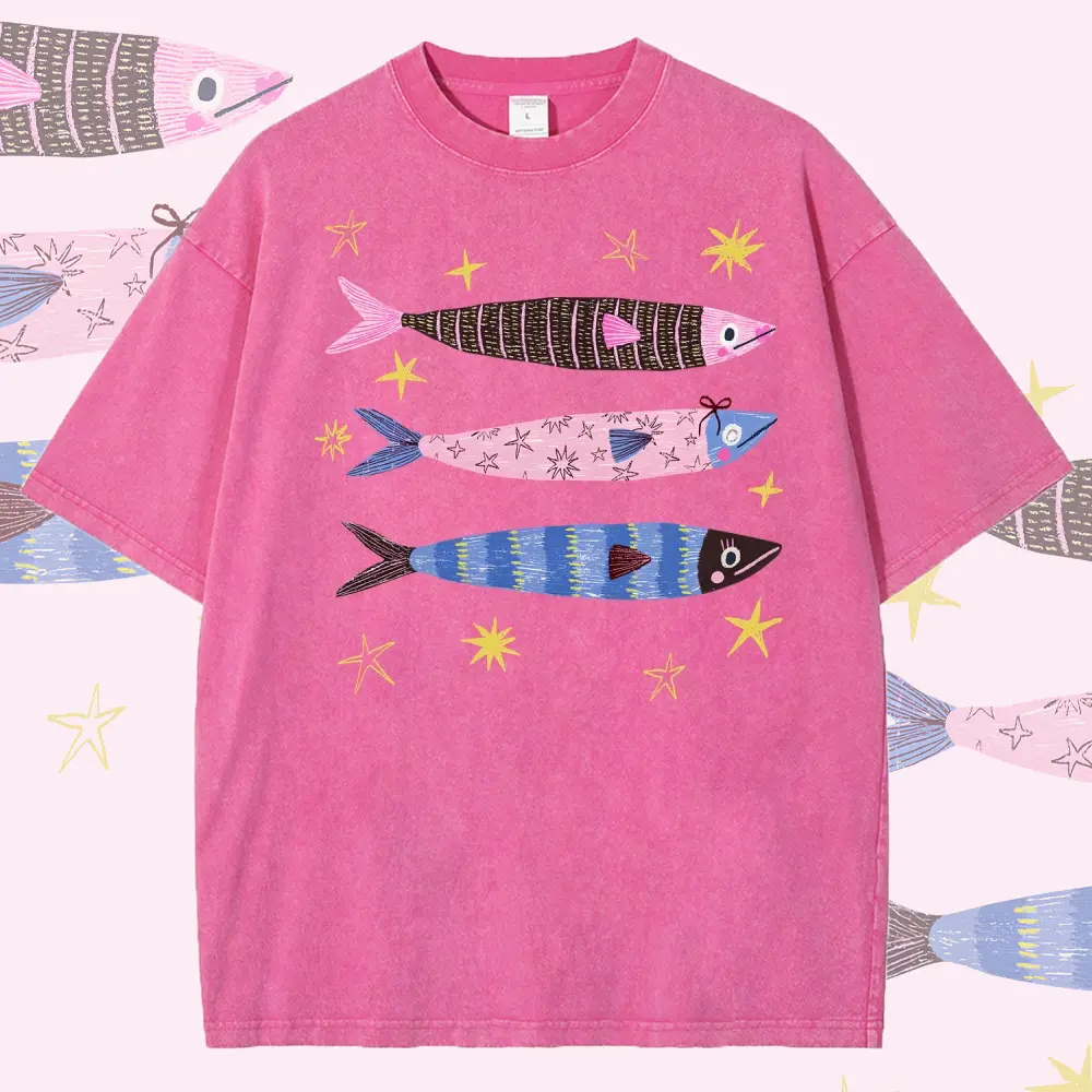 Colorful Illustrated Fish Trio Graphic T-Shirt, Vintage Washed Pink Tee, Whimsical Ocean Art Print, Gift For Sea Life Lovers,back to school,back to school shopping,clothes for back to school,first day of school outfits