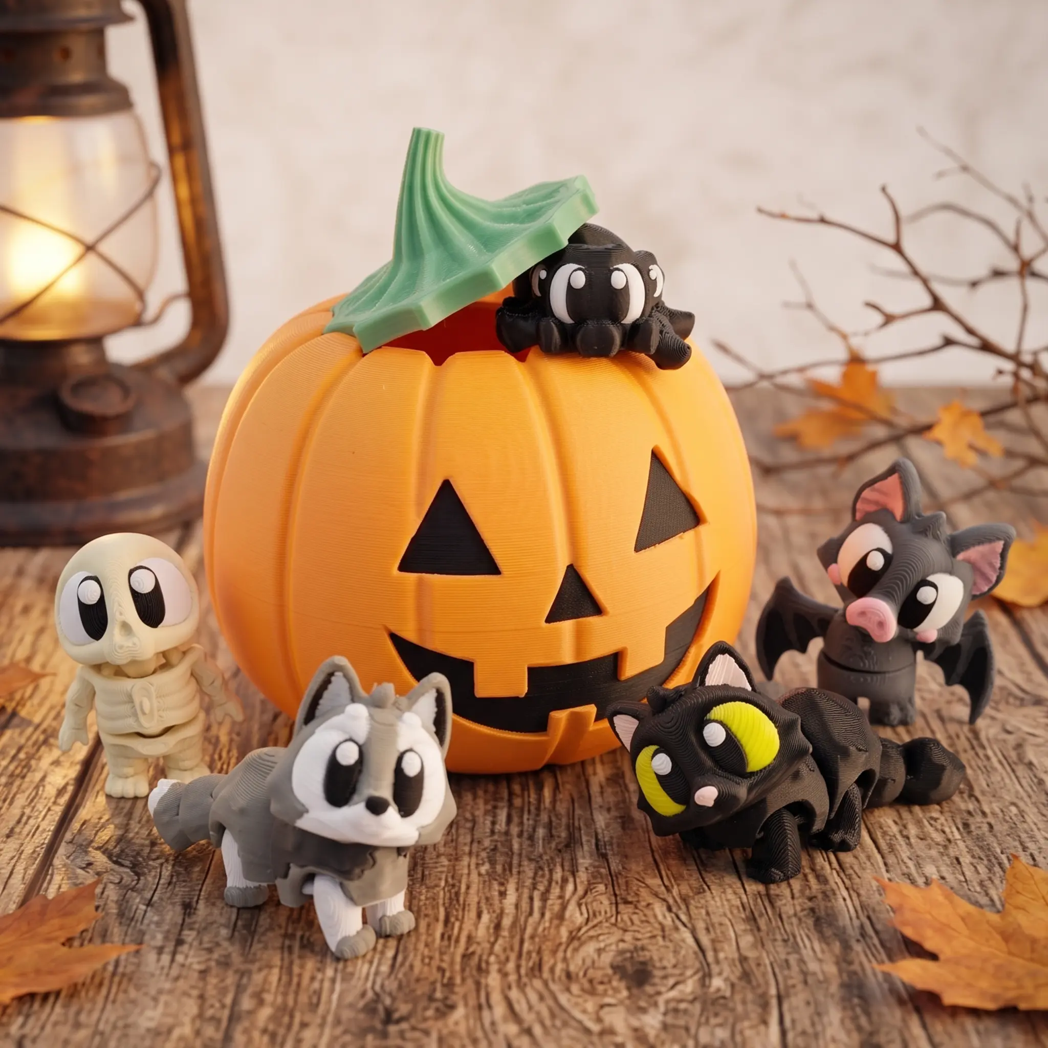 Designs On Draft Jack O' Lantern Cuties 5-Piece 3D Printed Mini Halloween Animals & Creatures Fidget Figurines Set - Skeleton, Werewolf, Black Cat, Vampire Bat, Black Widow Spider, Tactile Sensory Office Desk Decor, Coworker Gifts