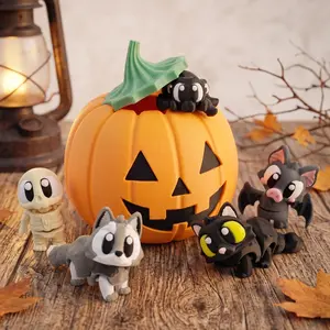 Designs On Draft Jack O' Lantern Cuties 5-Piece 3D Printed Mini Halloween Animals & Creatures Fidget Figurines Set - Skeleton, Werewolf, Black Cat, Vampire Bat, Black Widow Spider, Tactile Sensory Office Desk Decor, Coworker Gifts
