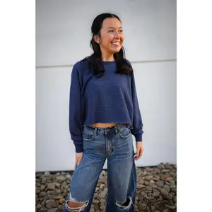 Midnight Comfort Cropped Sweatshirt - NAVY Long Sleeve Casual Winter Medium Length Plain Pattern Raw Hem Relaxed Fit