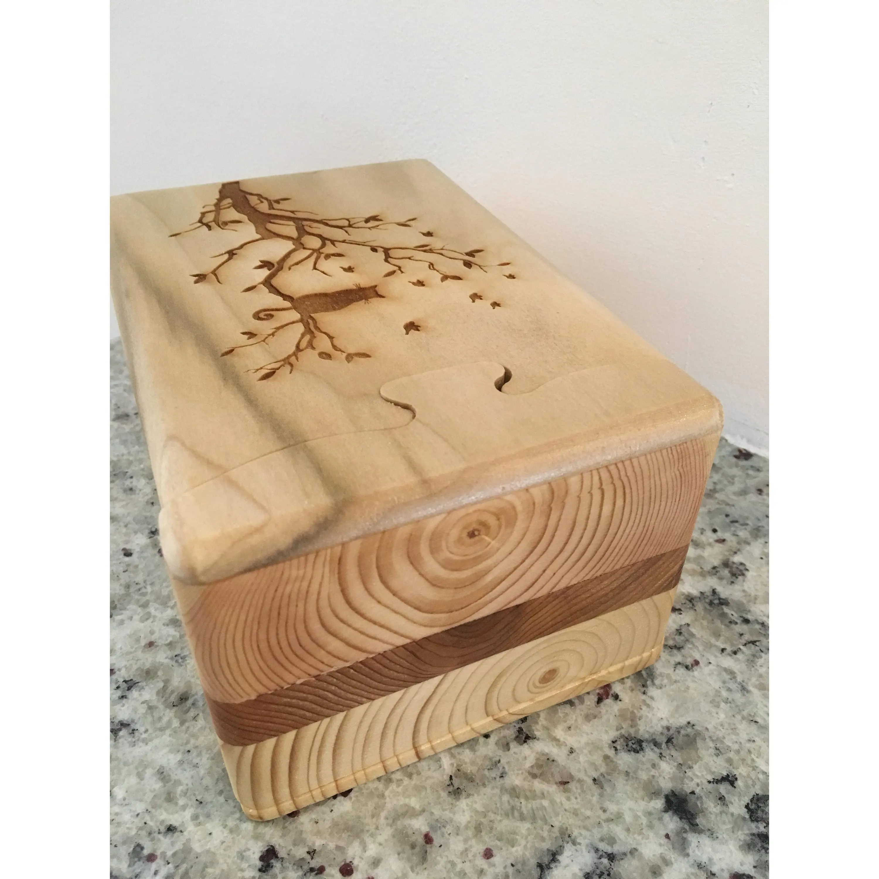 Solid Wood Puzzle Box - Cat in Tree, Wooden Box, Jewelry Box, Handcrafted, Custom Box, Personalized Box, Handmade, Box, Engraved, Stash Box