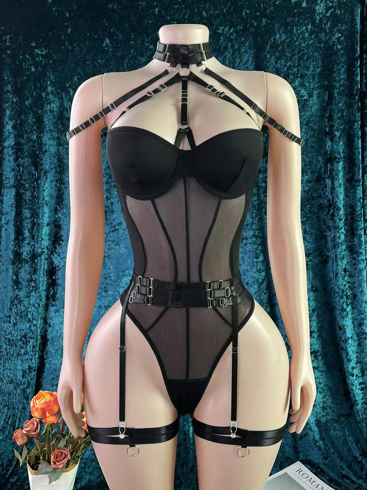 Sexy Lace Up Mesh Underwire Push Up Garter Belt One Piece Lingerie Sheer Bodysuit For Date Night Black
