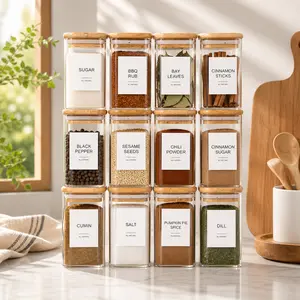 Square Glass Spice Jars with Bamboo Lids, Airtight Kitchen Storage Containers with Preprinted Spice Labels, Clear Glass Canisters Set for Pantry Seasoning Organization candy