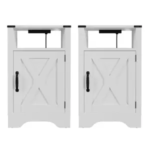 Farmhouse Nightstand Side Table Wooden Rustic End Table Tall Bedside Table with Electrical Outlets Charging Station 2 Sets - White