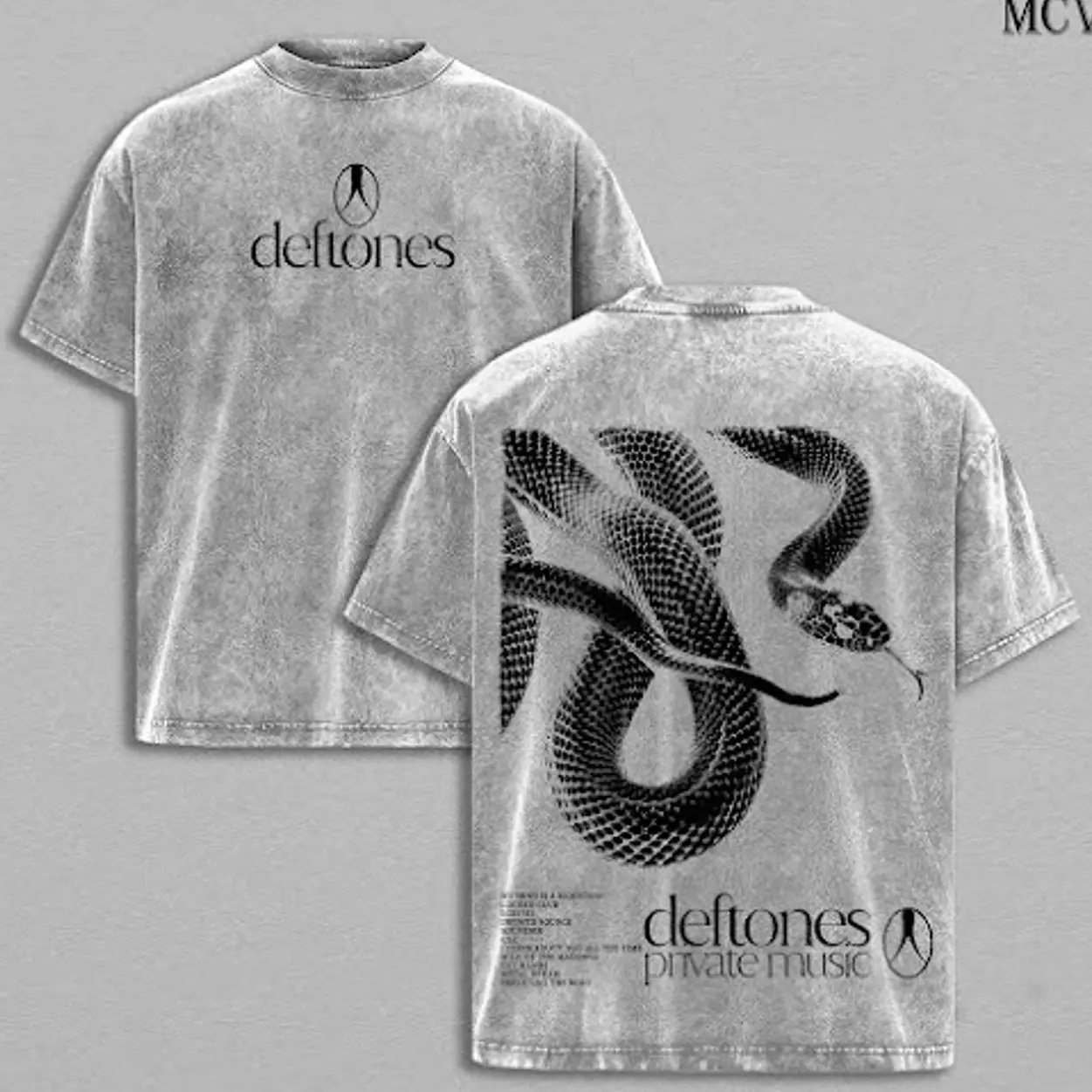 Deftones Private Music Album T-Shirt Menswear Top Heavy Cotton Underwear Double Printed Vintage Washed Tee Oversize Unisex Streetwear Band Rock Metal Graphic Gift for Music Fans Lover T4R