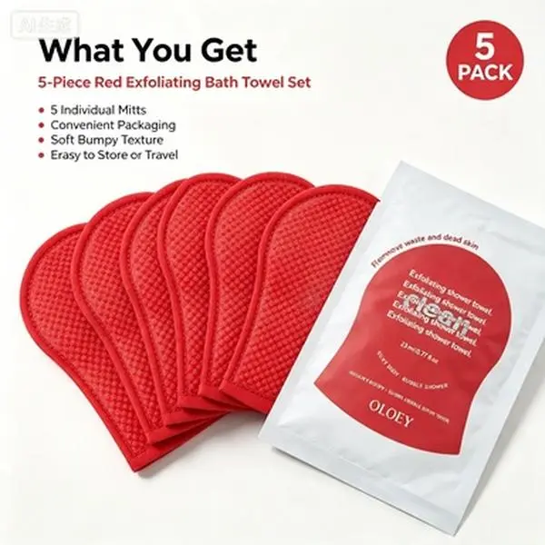 OLOEY Red Diamond Oil Control Exfoliating Bath Towel, 5 Pack Exfoliating Shower Towel for Body Dead Skin Remover