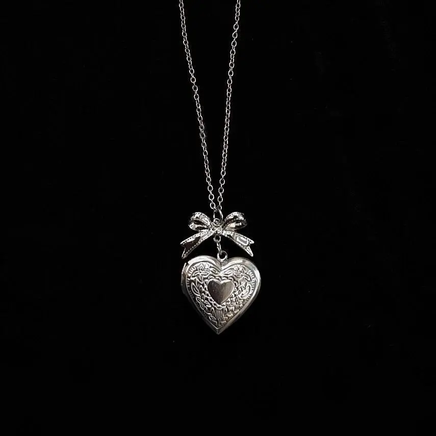 Vintage Bow Heart Locket Necklace, Engraved Photo Heart Pendant Necklace, Silver Plated Women Jewelry