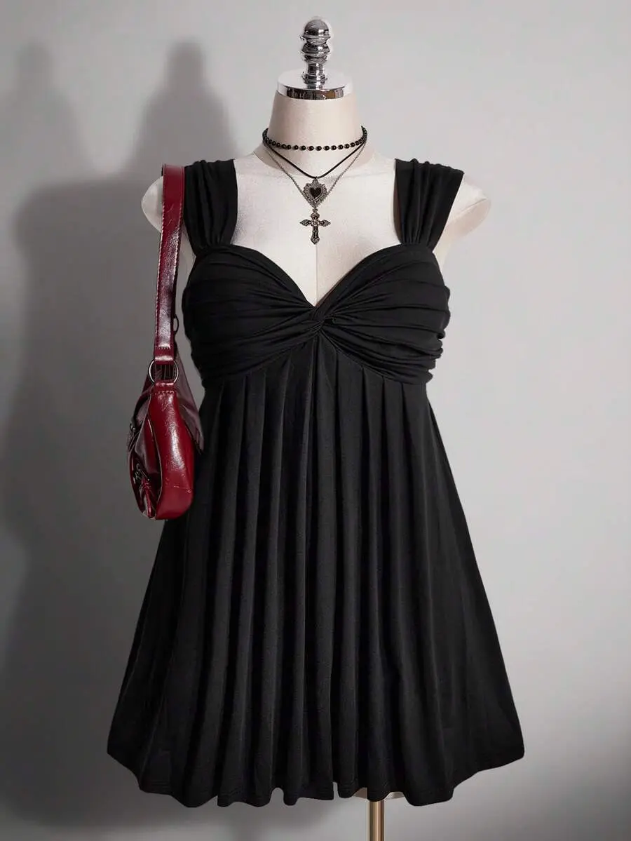 Plus Size Women's Black Twist Front Sleeveless Babydoll Knit Dress, Y2K Sexy Style Back To School Summer Clothes, Cute Dress Date Night