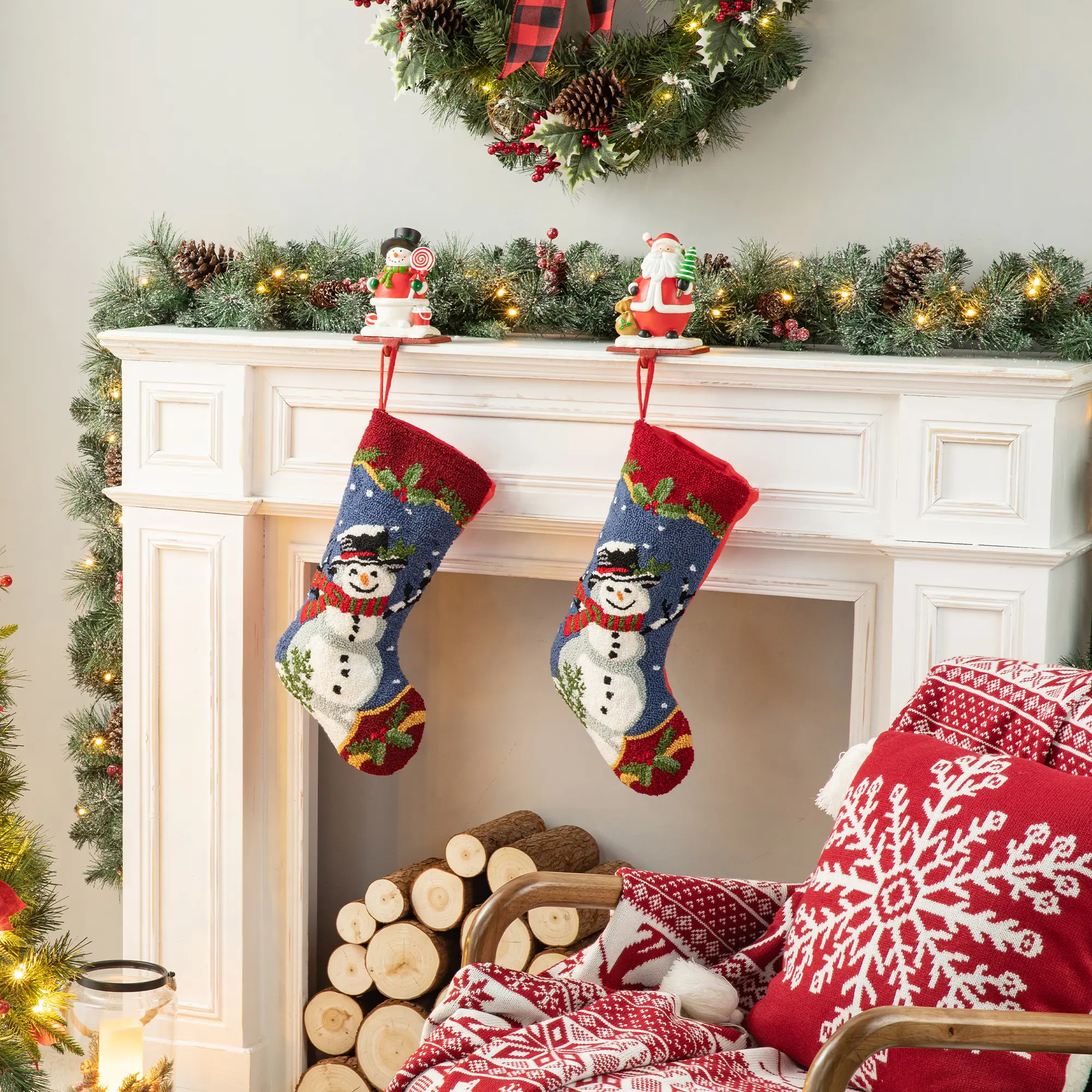 【Christmas in July】 Glitzhome 19.00"L Hooked Stocking, Fox/Snowman