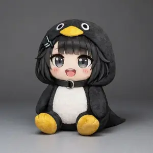 Cute Penguin‑Hood Anime Girl Plush Doll, Kawaii Chibi Stuffed Toy, Soft Cartoon Character Plushie Gift for Fans