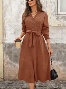 Women's Corduroy V Neck Dress, Fall Winter Classic Style, Office Commute Versatile, Elegant Long Sleeve A-Line Dress