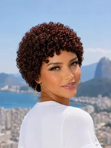 Short Curly Human Hair Wig for Women, Burgundy Afro Kinky Curly Pixie Cut Wig with Bangs, Glueless Lightweight Daily Wear Wig