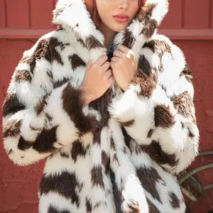 Cow Print Faux Fur Coat - Stylish Warm Winter Outerwear for Women