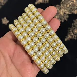 Women's 6-Piece Pearl Beaded Noor Moti Bangle Set - Elegant Costume Jewelry Accessory, Pearl Beaded Bracelet