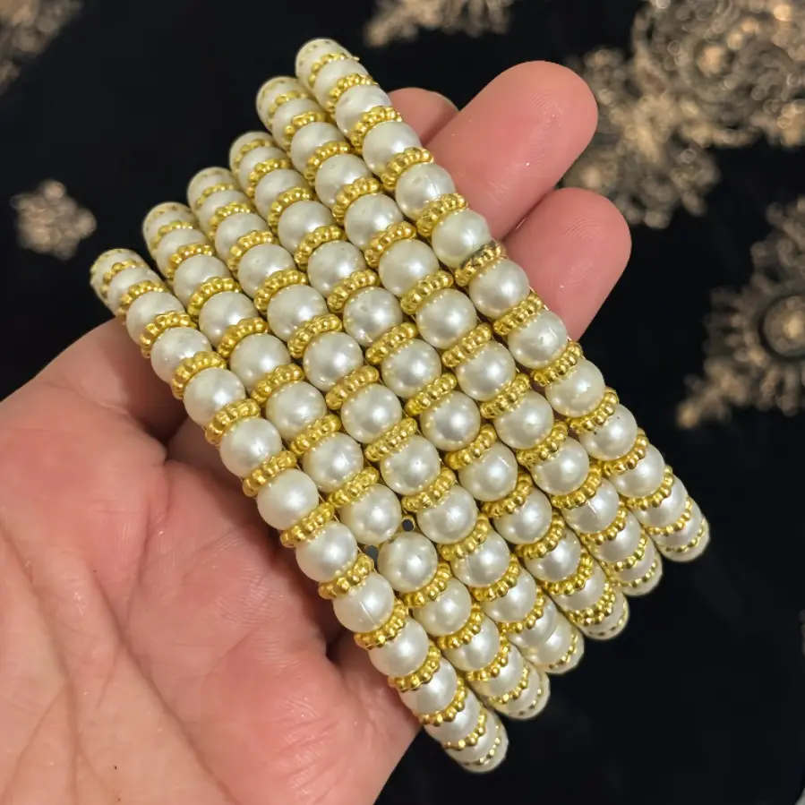 Traditional Pearl Bangle Set for Women, 6-Piece Gold-Toned Beaded Costume Jewelry, Multi-Size Stacking Bracelets for Festive Wear, Pearl Bracelets, Gold Aesthetic, Pairs Beautifully With Traditional Fabrics, Beads, Moti Pearl Bangles