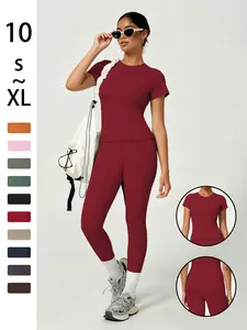 2-piece set - Solid color round-neck T-shirt short sleeves + Women's high-waisted slim-fit athletic pants for a tight and curvaceous silhouette. A comfortable outfit suitable for daily home wear, Athleisure Wear Set