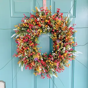 Vibrant and Wildflower Wreath, 20-Inch Spring Floral Wreath, Farmhouse Style Front Door Decor, Casual Valentine's Day Decoration