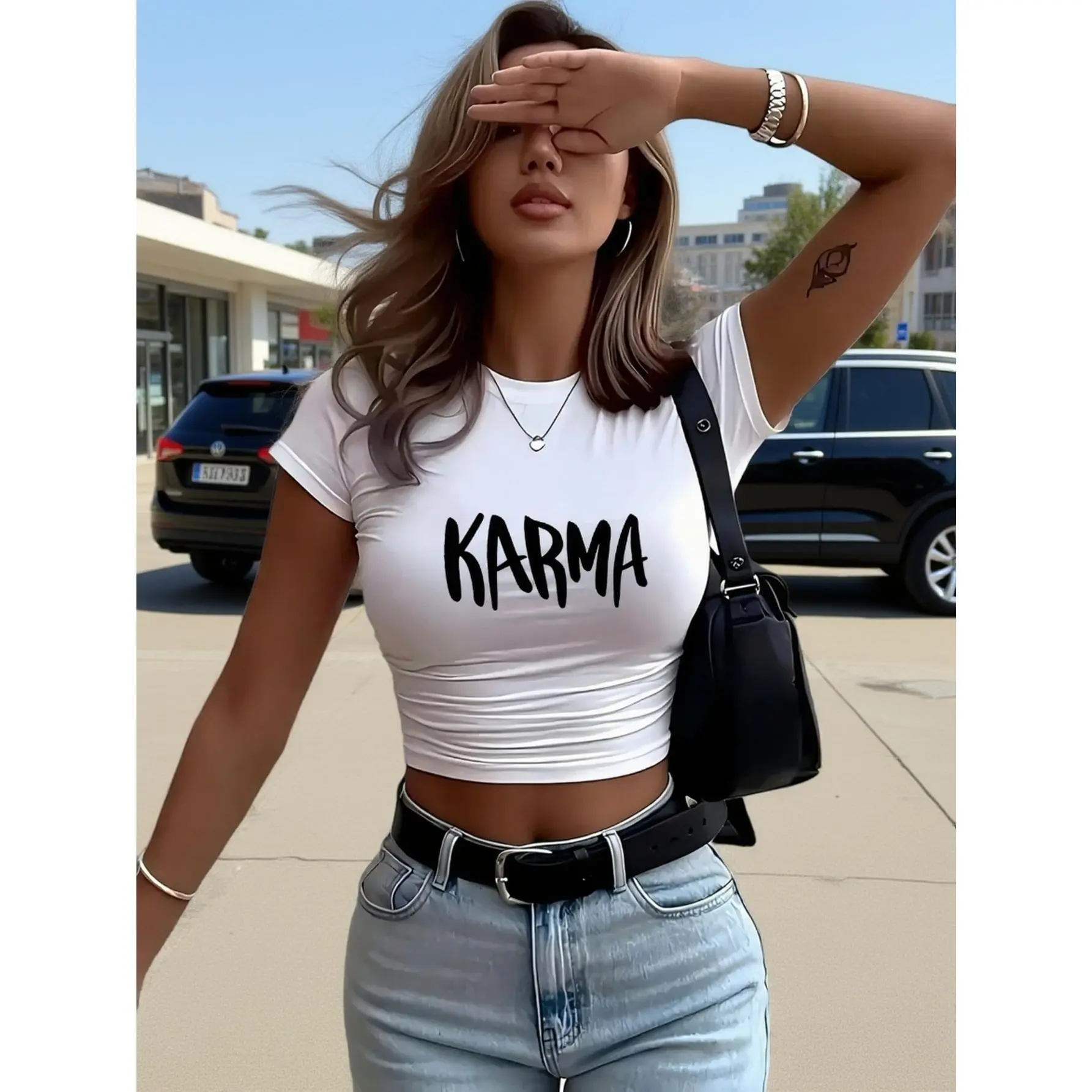 Y2K Style Women'S Round Neck Short Sleeve T-Shirt | "forKARMA" Bold Letter Print, Black and White Contrast Design, Machine Washable, Spring/Summer Casual Top, Polyester, Streetwear