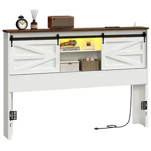 HOOBRO Queen Size Headboard Only for Bedroom, Farmhouse Queen Headboard with Charging Station & LED Lights, Wooden Headboard for Queen Size Bed, Bookcase Headboard with Storage Shelf and Barn Doors