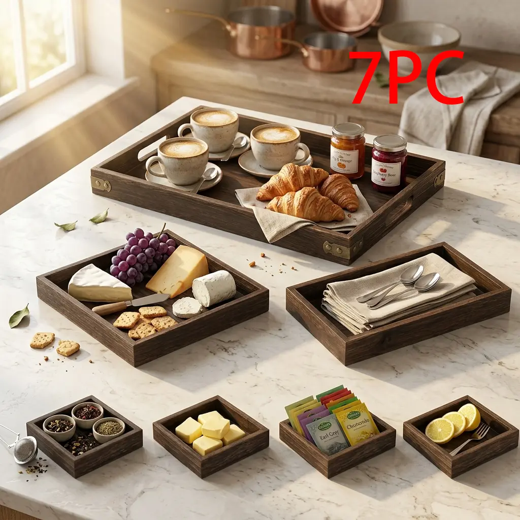 7-Grid Solid Wood Serving Tray with Handles - Rustic Durable Decorative Platter for Camping, Kitchen & Living Room Use (Snacks, Fruit, Coffee, Tea, Desserts)
