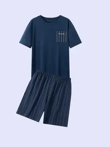 Men's Summer Thin Sleepwear Set, Short Sleeve Shorts 2-Piece, Plaid Line Print Casual Home Wear, Fitted Style, Comfortable Loungewear, Pajama Set, Pjs