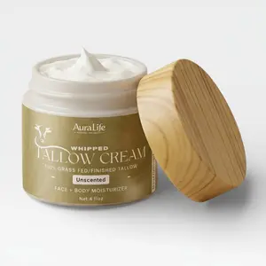 AuraLife ! Whipped Tallow Cream - Unscented, Natural Moisturizer for Face & Body, Organic Grass-Fed Beef Tallow, Deep Hydration, Gentle on Sensitive Skin, 4oz Jar