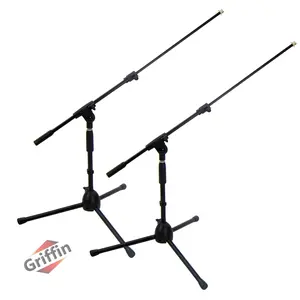 2 PACK- Low Profile Microphone Stand by GRIFFIN | Short Tripod Mic Stand Mount with Boom Arm for Kick Bass Drum, Studio Desktop Recording, Singing & Guitar Amplifiers | Small Height Telescoping Holder