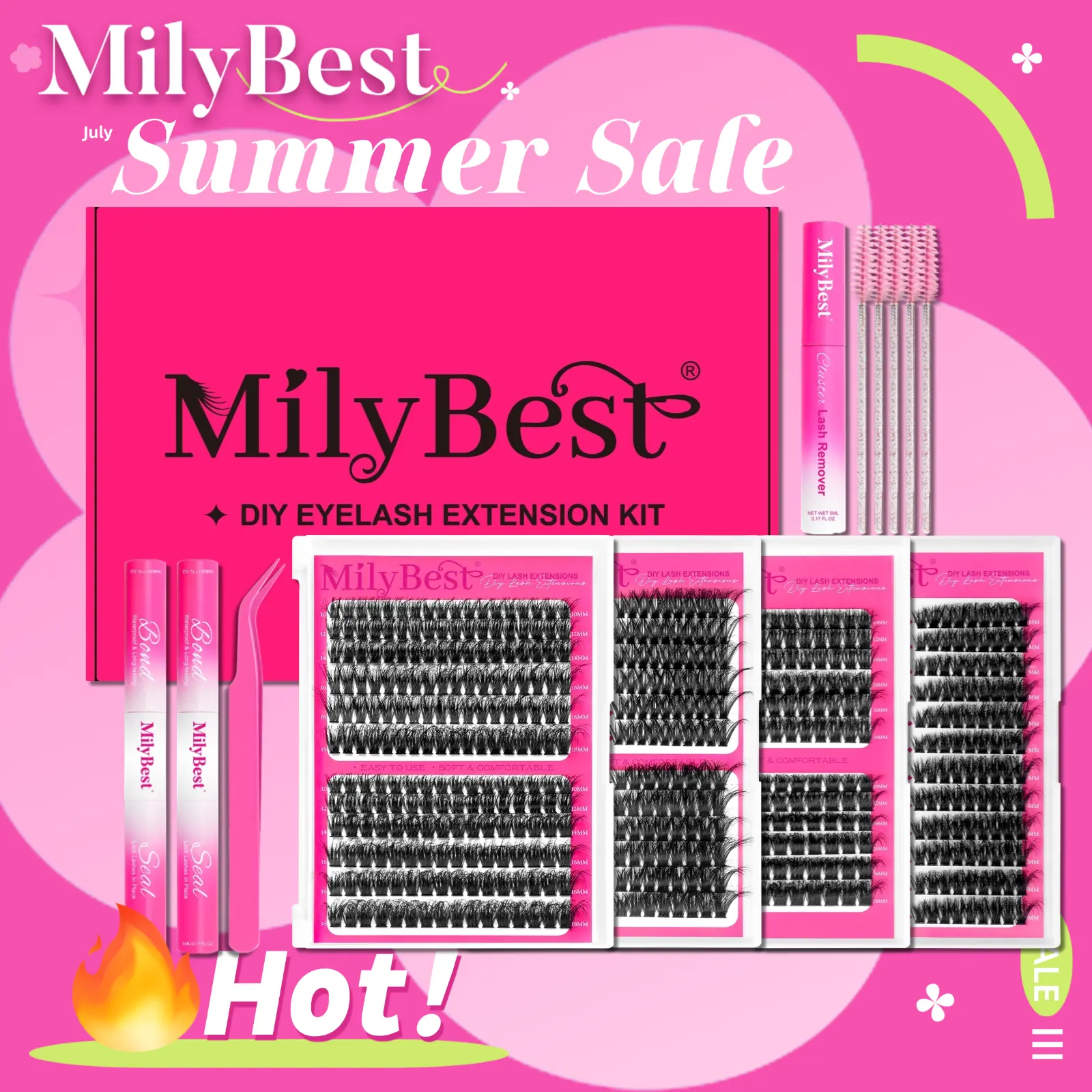 MilyBest 4 Styles Lash Clusters Kit, 864 Pcs D Curl Volume Lashes | Wispy bulk individual eyelash extensions with 2 bond and seal glue for DIY variety lash maps and salon-style looks