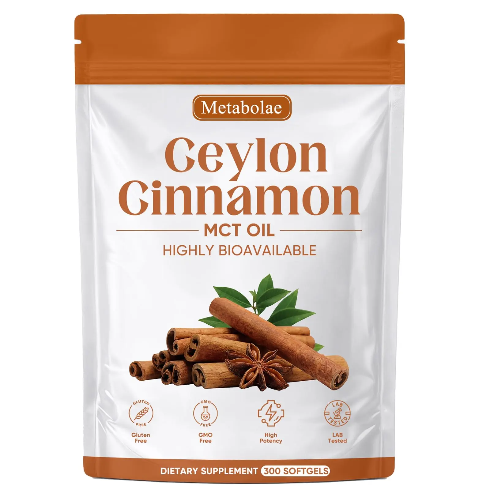 Metabolae Ceylon Cinnamon SoftGels with MCT Oil, Highly Bioavailable Herbal Extract, Non-GMO, Gluten Free - 300 Softgels