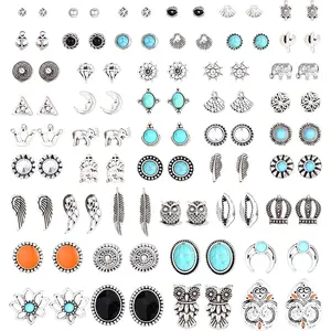 46 Pairs Vintage Multiple Assorted Boho Stud Earrings for Women Simple Geometric Stud Earrings Set Round Turquoise Earrings for Men Stainless Steel CZ Elephant Moon Feather