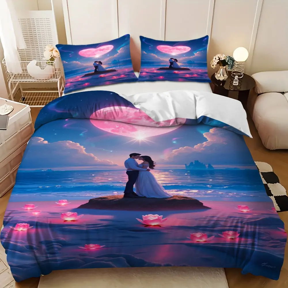 3-piece bedding set - Romantic couple's beach cuddling down comforter set (1 duvet cover + 2 pillowcases, filling not included). A perfect gift for family and friends, soft and comfortable, suitable for family bedrooms and guest rooms.