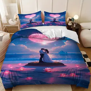 3-piece bedding set - Romantic couple's beach cuddling down comforter set (1 duvet cover + 2 pillowcases, filling not included). A perfect gift for family and friends, soft and comfortable, suitable for family bedrooms and guest rooms.