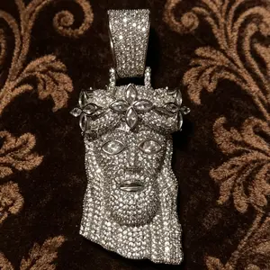 M3-2295 All Iced Out Jesus Face Piece With Crystal Cross Thorn Crown, Viral Streetwear Necklace Accessory
