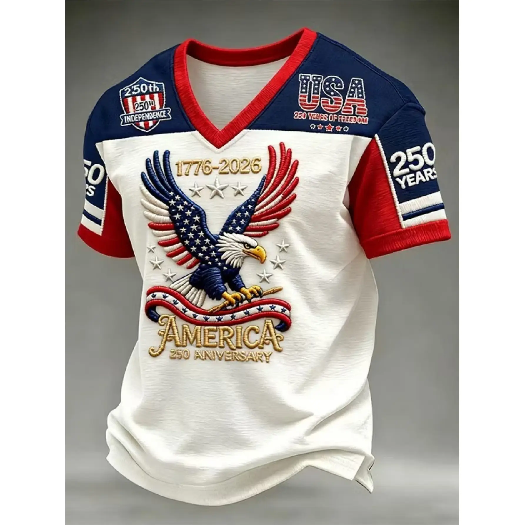 [XXS-7XL] Mesh Fabric Men's 250th Anniversary of the United States Pattern 3D Printed T-shirt, casual V-neck short-sleeve T-shirt, summer fashion top, comfortable, soft and breathable, vintage style. Suitable for the 250th anniversary of the United States