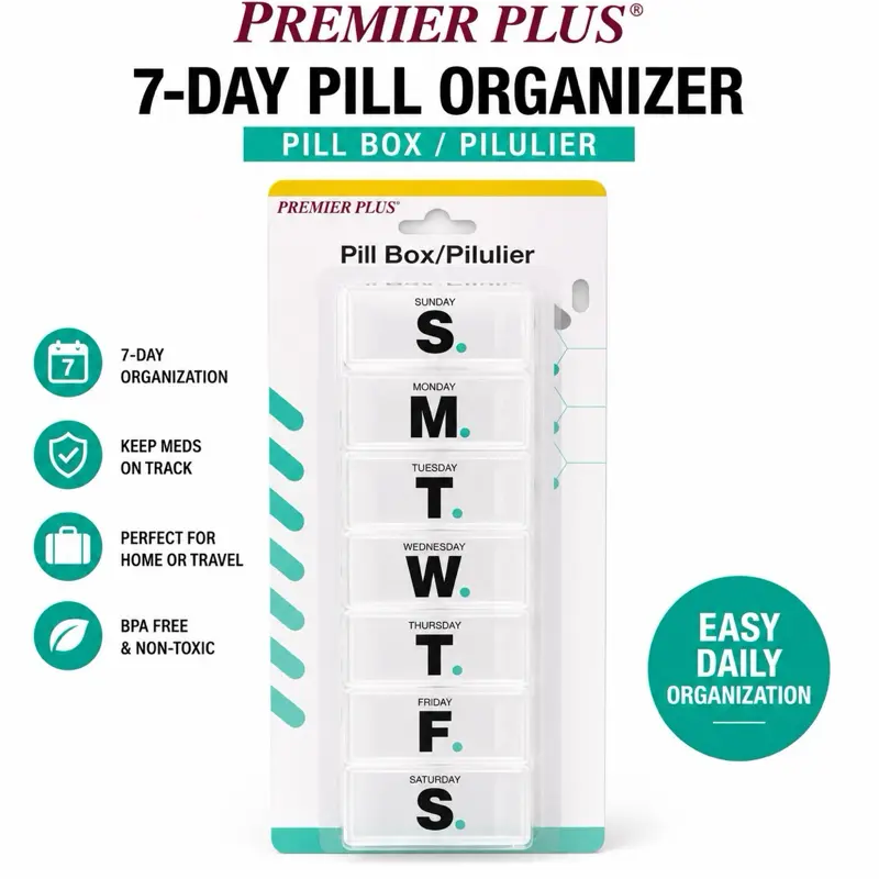 PREMIER PLUS 7-Day Pill Organizer – Weekly Medication & Vitamin Organizer, Portable Pill Box