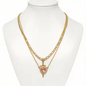 Sparkling Double Layer Two-tone Pink  Lab-Created Sapphire  Heart-Shaped Collier Necklace 3mm Diamond-Cut Figaro Chain Valentine's Gifts for GF  Memory's Necklace Gift 14K Gold Plated Heart Gift Sets Love  Forever Enduring
