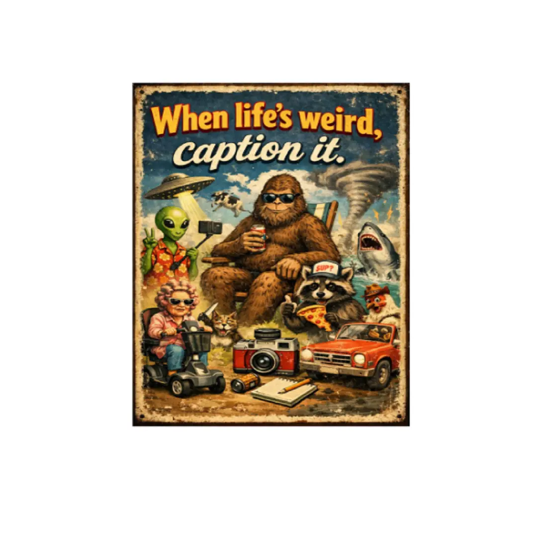 8x12 in Metal Tin Sign - Funny Retro Alien Sasquatch Raccoon UFO Wall Decor Plaque, Vintage Humor Iron Art for Bar Pub, Home Decor Decoration Hanging Gift for Room, Artistic