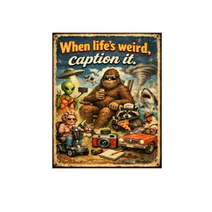 When Life’s Weird Caption It Metal Tin Sign Funny Retro Alien Sasquatch Raccoon UFO Wall Decor Vintage Humor Poster 8x12 Inch Iron Art Plaque Bar Pub Office Decor