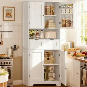 White Kitchen Pantry Cabinet 63" Tall Freestanding Wood Cupboard with Drawer Sliding Storage Rack & 6 Hanging Shelves for Dining Room Laundry