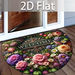 2D Flat Floral Welcome Carpet, Non-Slip Half Round Door Mat, Suitable for Entrance Hall, Balcony, Garage, Corridor, Mother's Day Decor