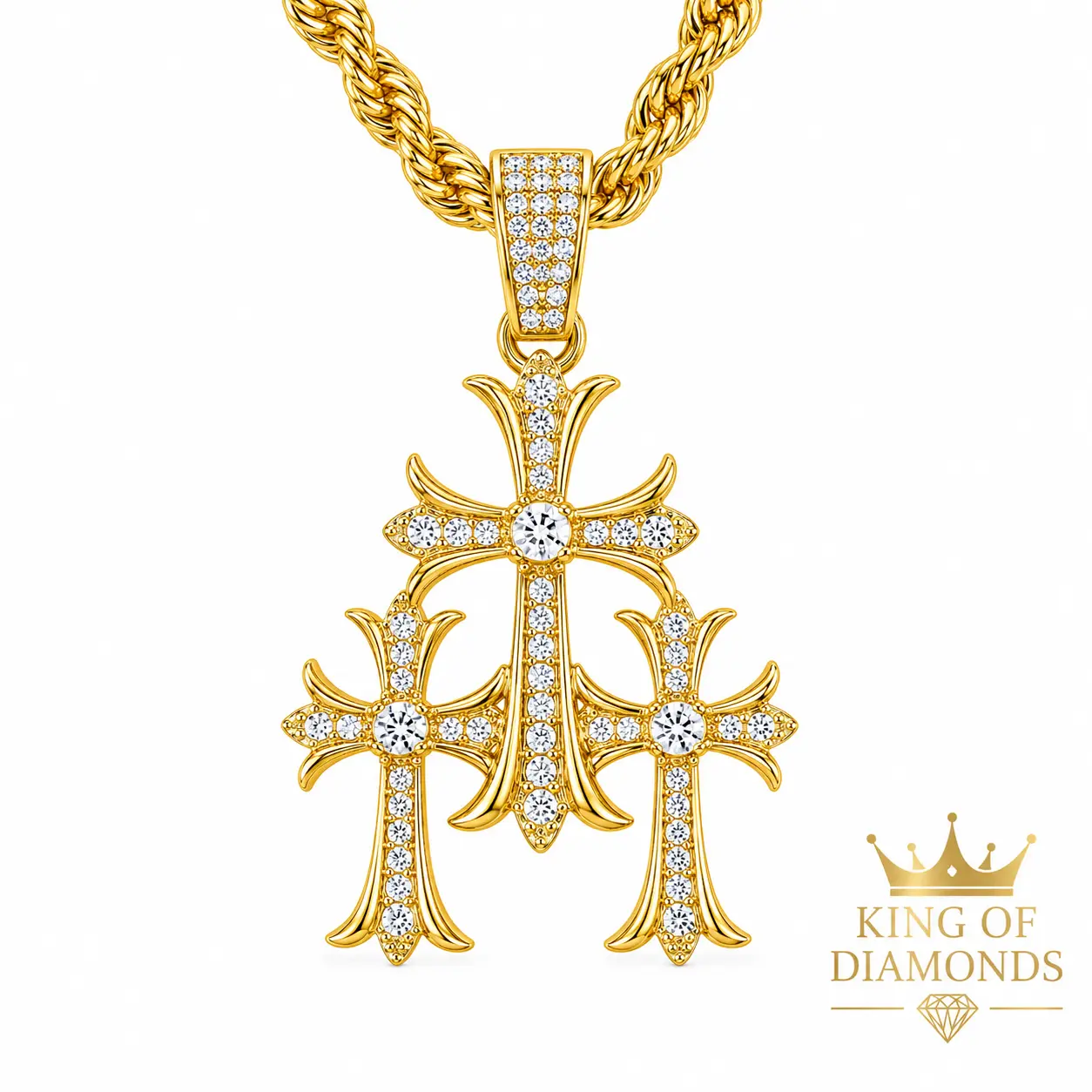 Triple Cross Statement Necklace with Rhinestones, Long 24in Rope Cross Chain with Metal Coating for Casual Wear & Photoshoots