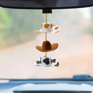 Cowboy Hat Design Car Hanging Ornament, Car Hanging Decoration, Country Rear View Mirror Hanging Accessories, Cute Handmade Felt Mini Hat Ornament Pendant for Women Girls