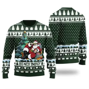 Funny “Big Nick Energy” Ugly Christmas Sweater – Cool Santa Sitting Under Tree | Holiday Party Knit Pullover for Men & Women